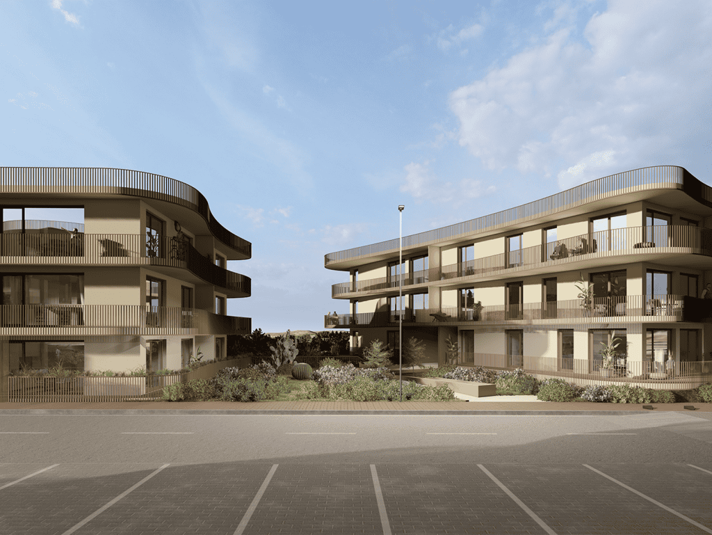 Contemporary apartment complex in Coimbra, Portugal with landscaped gardens and spacious balconies.