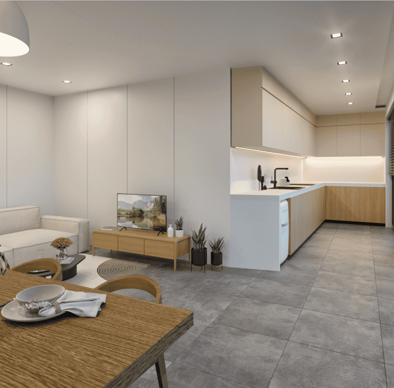 Modern apartment interior in Koukaki, Athens with open-plan living and kitchen area.
