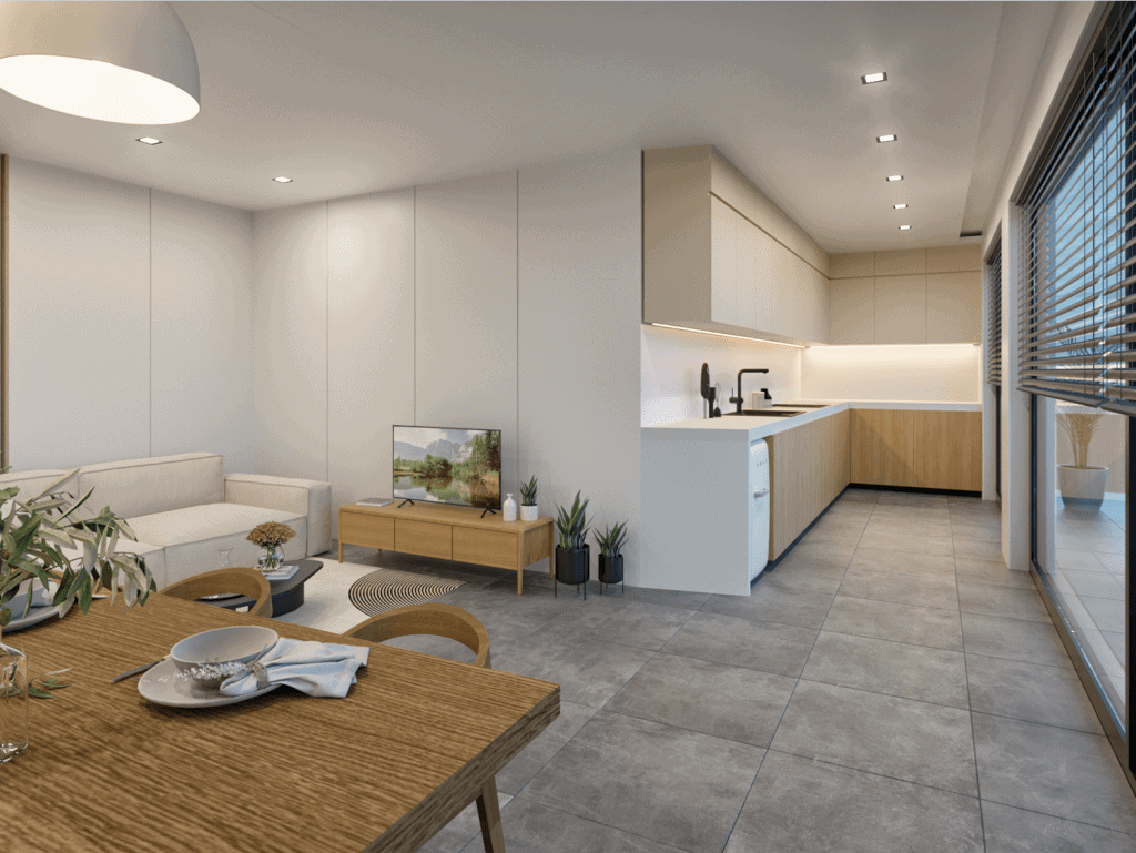 Modern apartment interior in Koukaki, Athens with open-plan living and kitchen area.