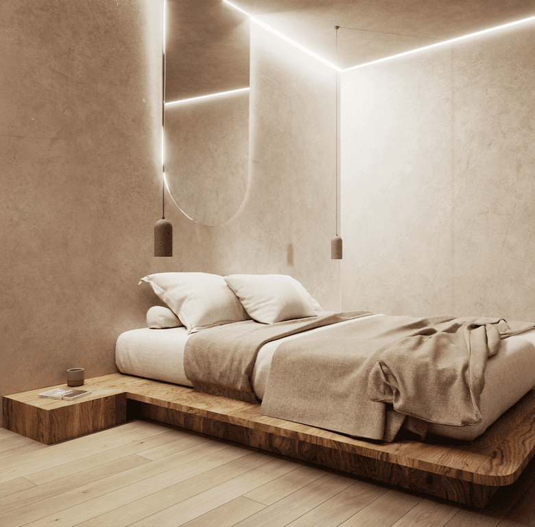 Modern bedroom in Panama City with minimalist design and ambient lighting.