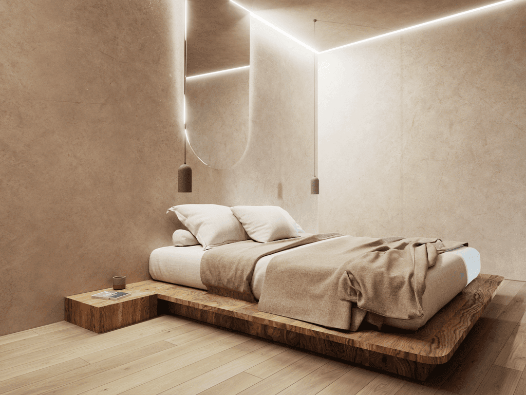 Modern bedroom in Panama City with minimalist design and ambient lighting.