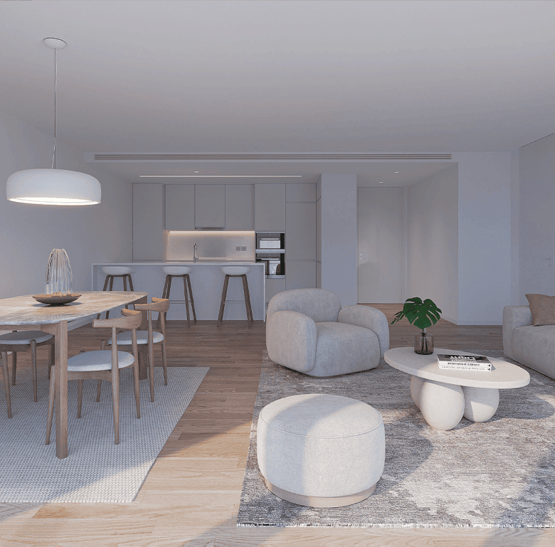 Bright, contemporary living space in Porto, Portugal, with stylish furniture and open-plan design.