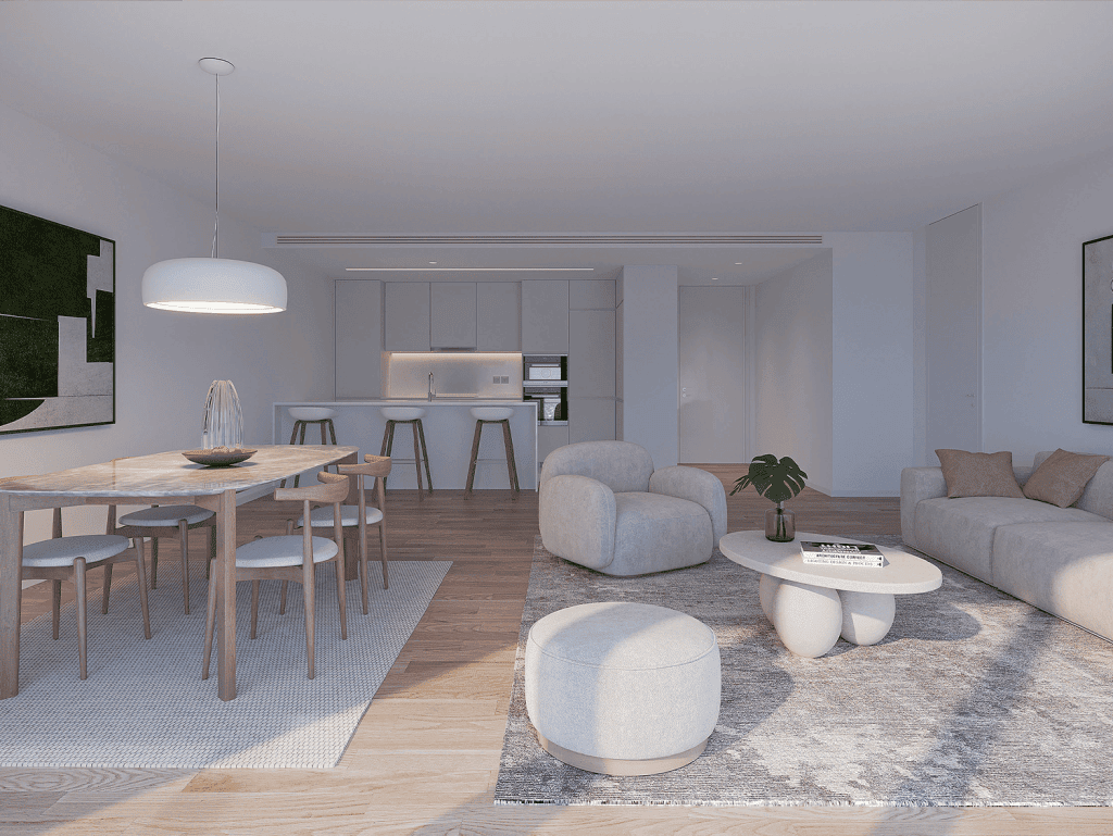 Bright, contemporary living space in Porto, Portugal, with stylish furniture and open-plan design.