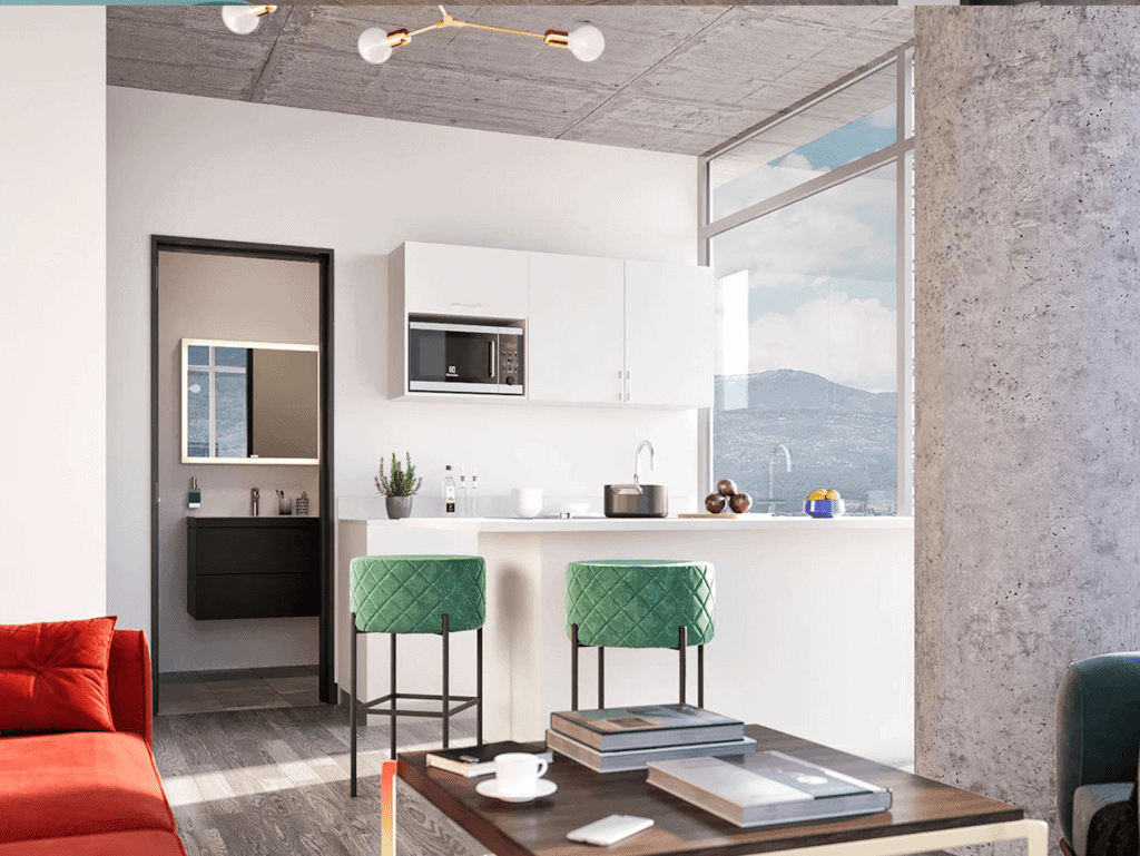 Bright open-concept kitchen with mountain scenery in Barrio Escalante, San Jose.