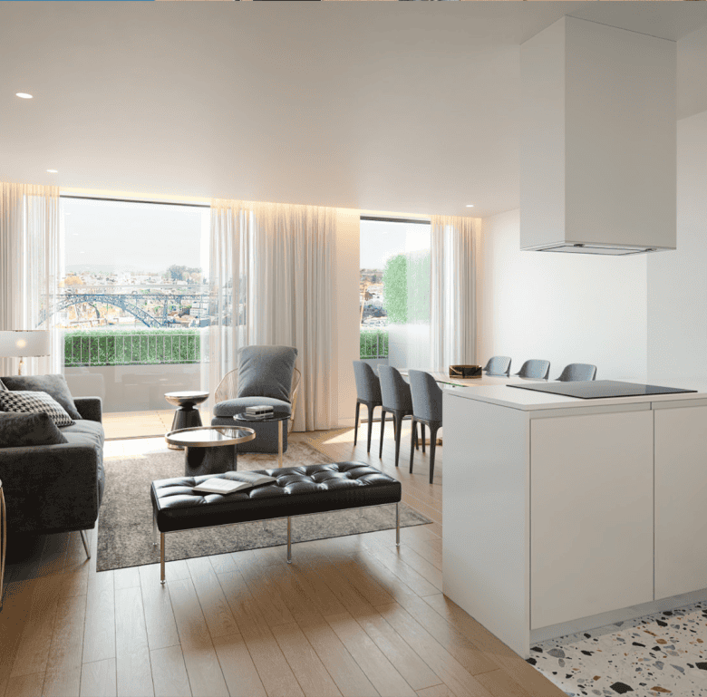 Bright interior with contemporary furniture and large windows.