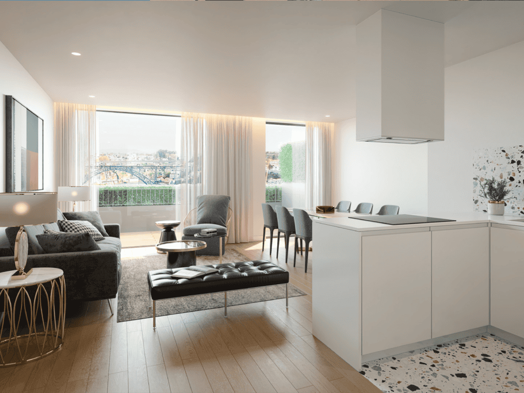 Bright interior with contemporary furniture and large windows.