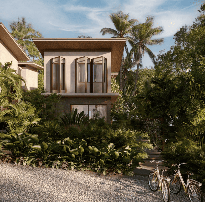 A modern Costa Rican villa surrounded by lush tropical gardens in Santa Teresa, Nicoya Peninsula.