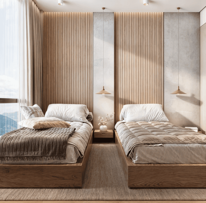 Elegant bedroom with modern design in Panama City, featuring wooden accents and large windows with c.