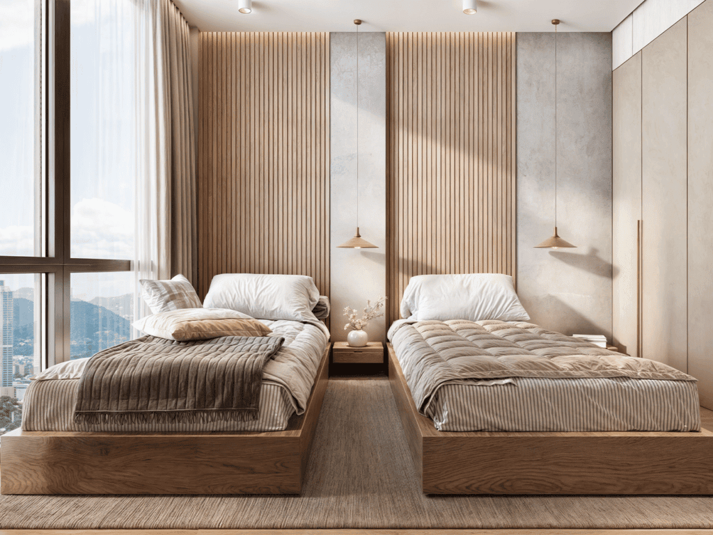 Elegant bedroom with modern design in Panama City, featuring wooden accents and large windows with c.