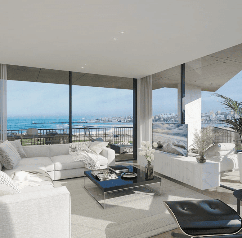 Sea view living room with large windows and contemporary furniture in Porto, Portugal.