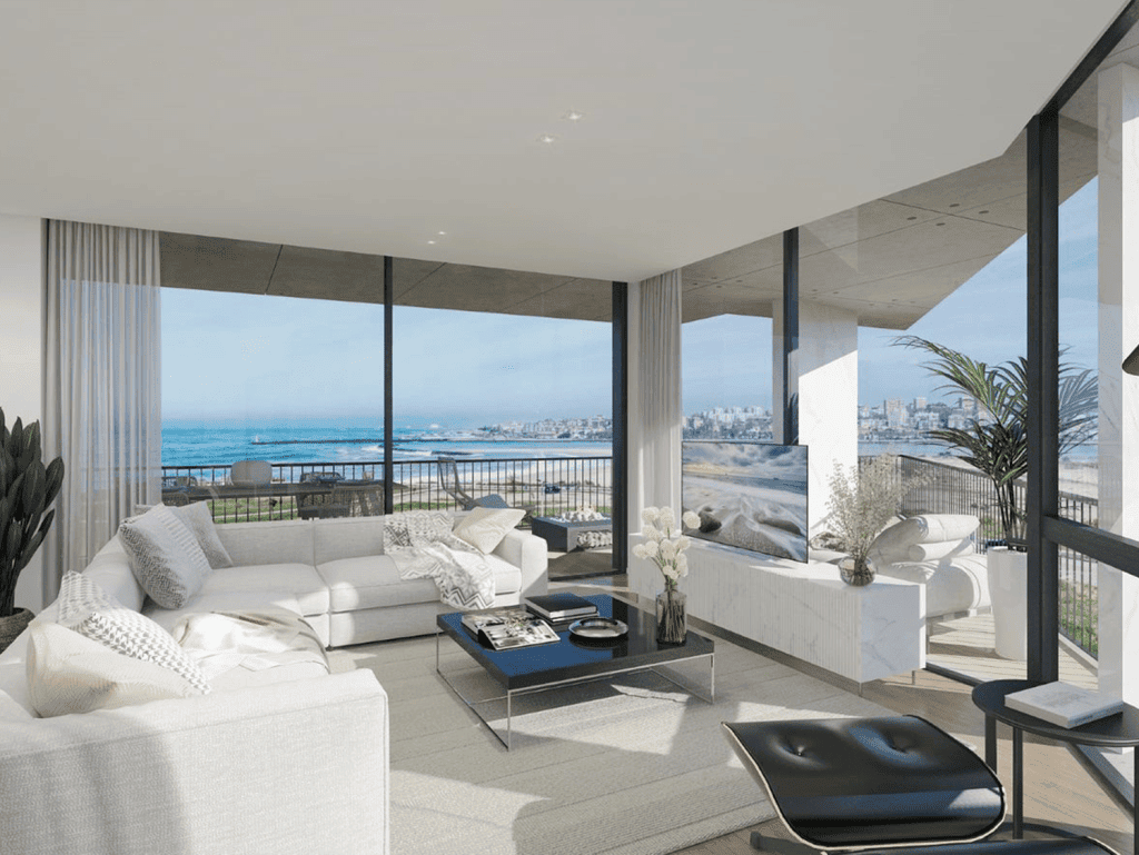 Sea view living room with large windows and contemporary furniture in Porto, Portugal.