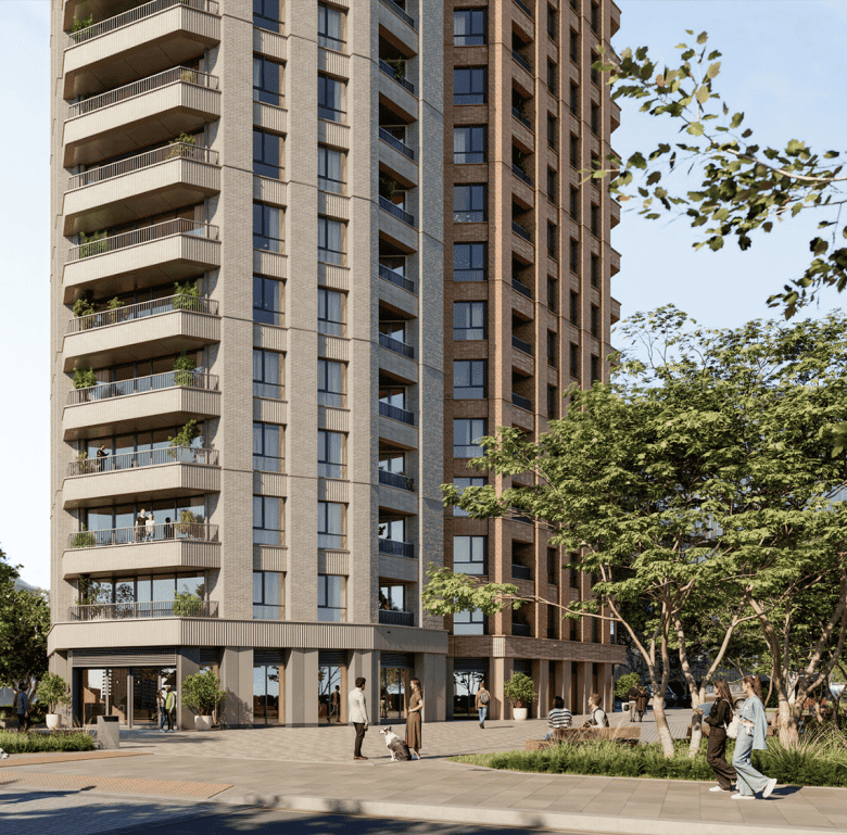Modern Woolwich Tower in London with residential and commercial spaces.