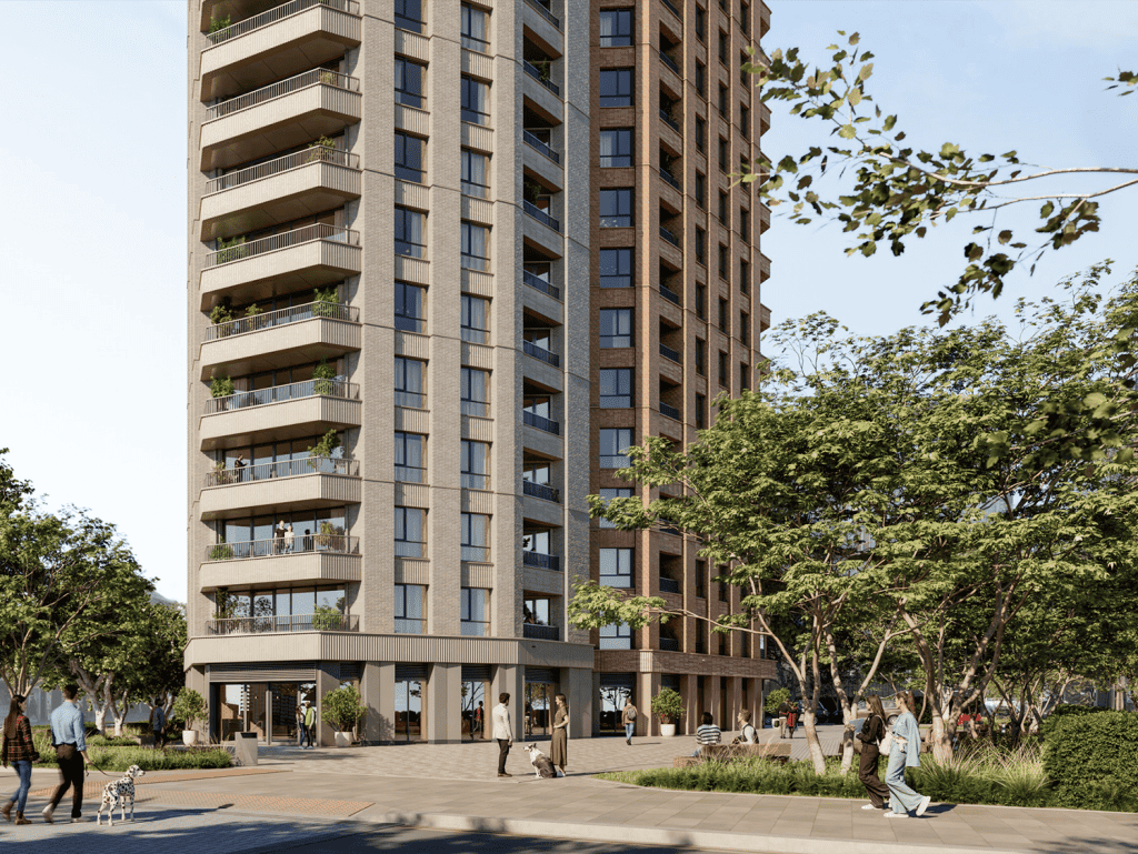 Modern Woolwich Tower in London with residential and commercial spaces.