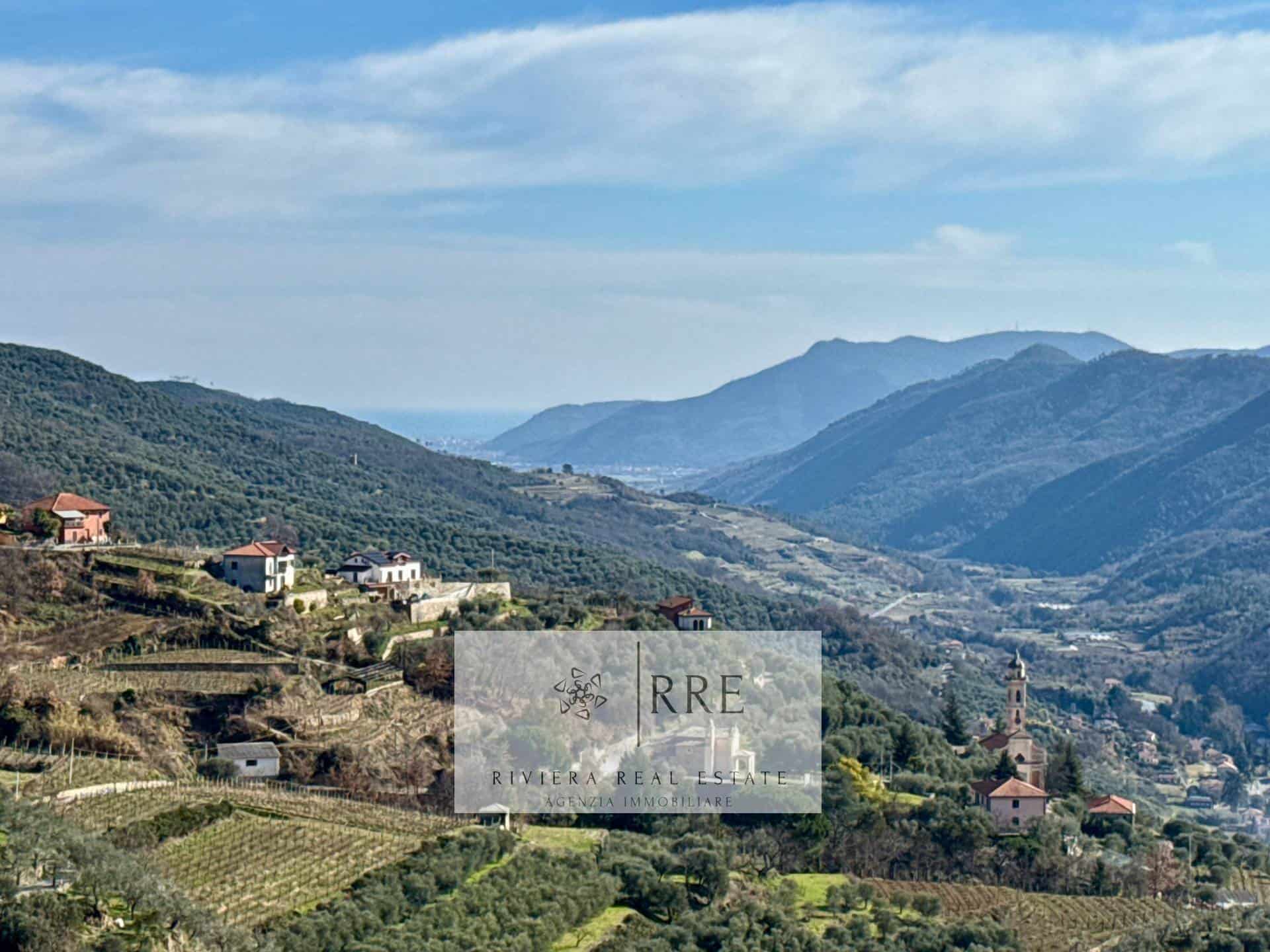 Beautiful hillside village with lush greenery and mountain views in the distance.