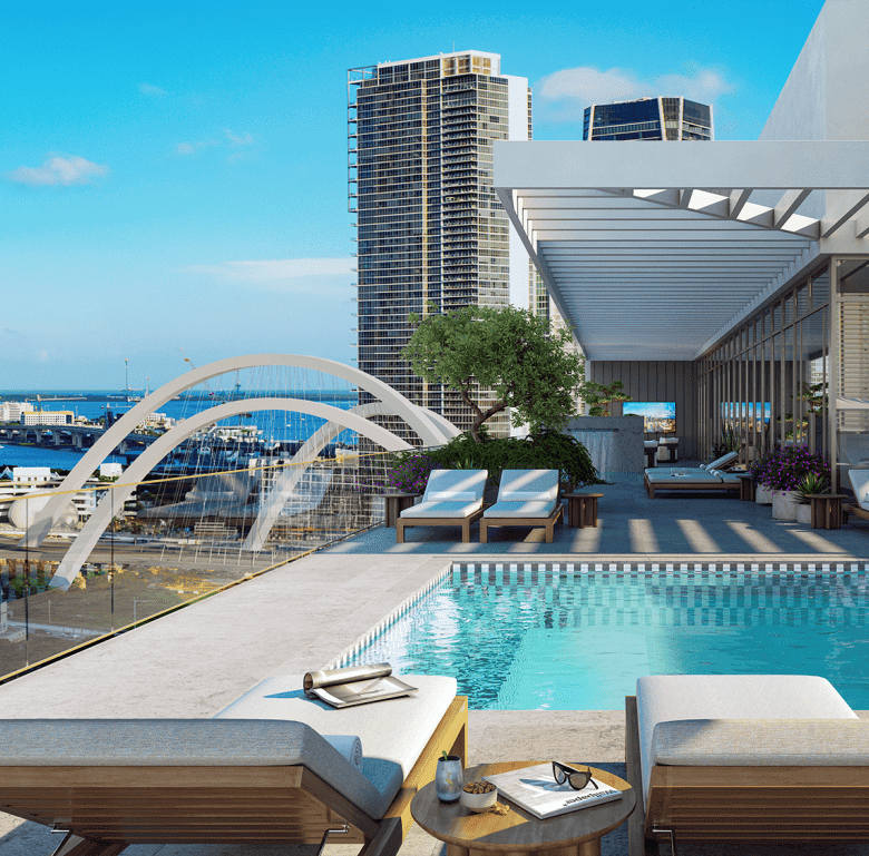 Luxury rooftop pool with city views in Signature District, Miami, Florida.