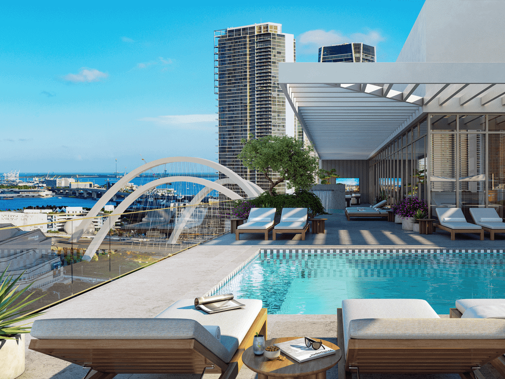 Luxury rooftop pool with city views in Signature District, Miami, Florida.