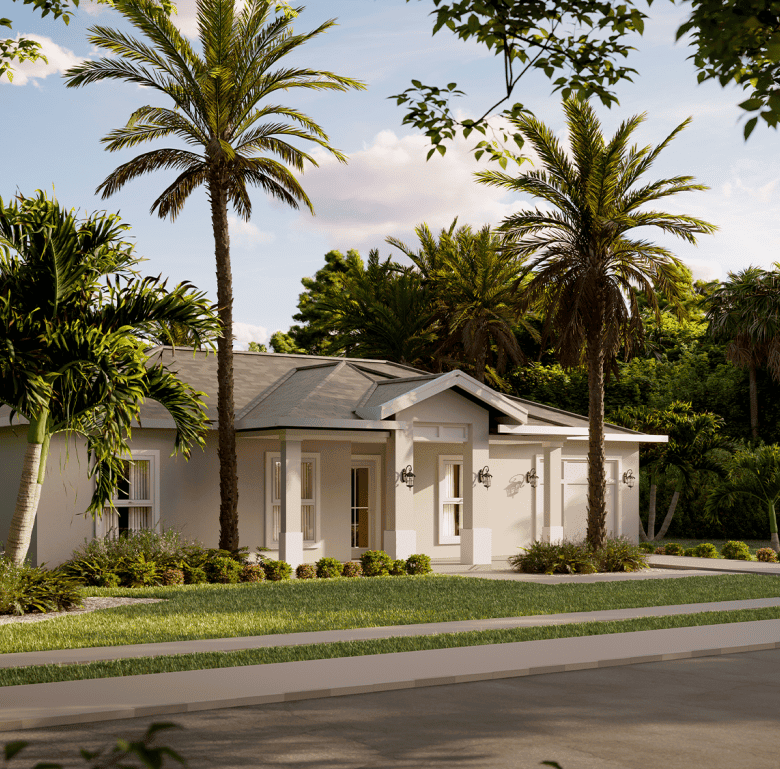 Beautiful Florida home surrounded by palm trees and lush greenery. Perfect tropical property for sal.