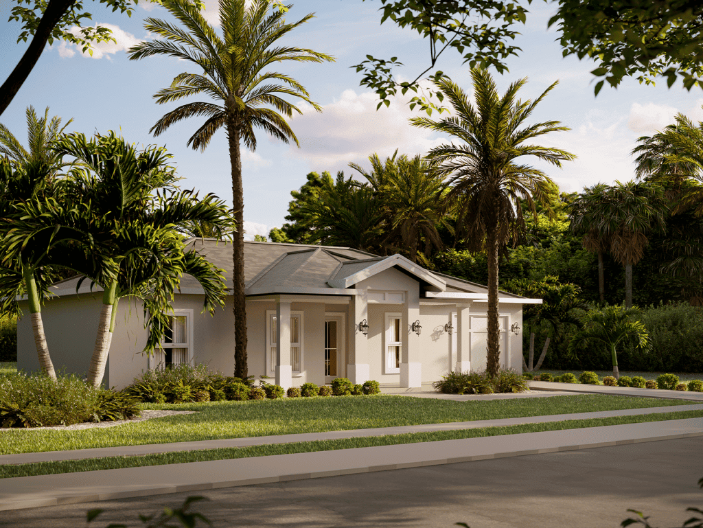 Beautiful Florida home surrounded by palm trees and lush greenery. Perfect tropical property for sal.