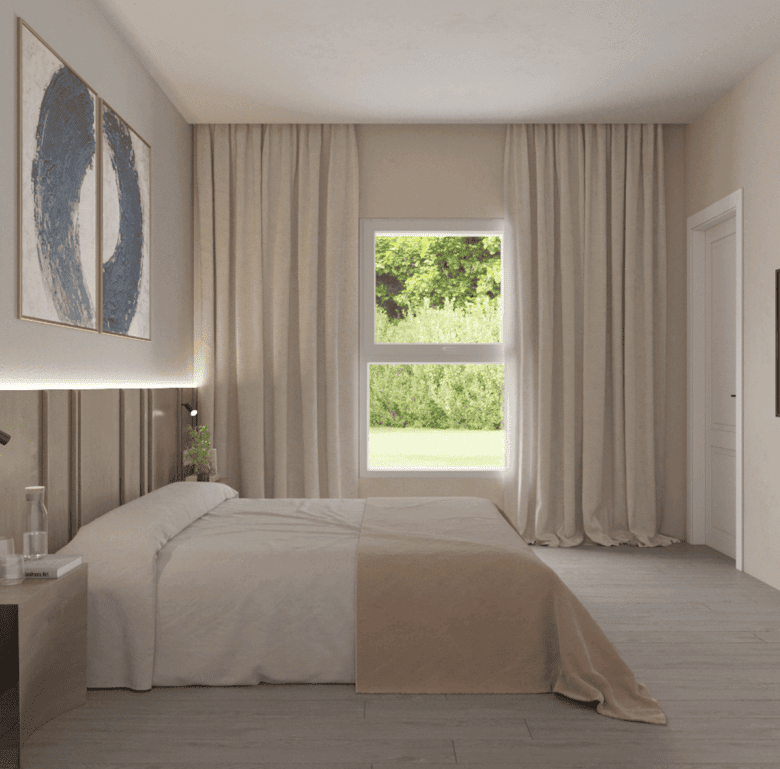Bright bedroom with large window and modern decor in Little Palm, Florida.