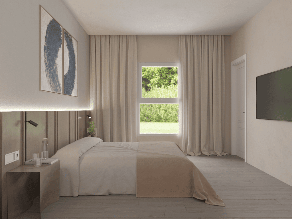 Bright bedroom with large window and modern decor in Little Palm, Florida.