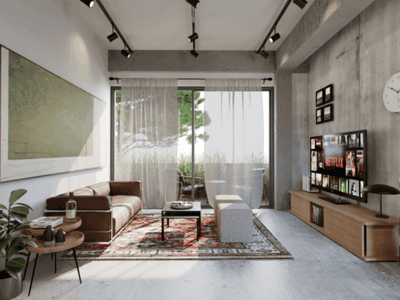 Bright Athens apartment living room with contemporary furniture and large windows.