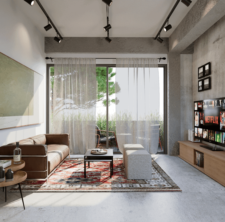 Bright Athens apartment living room with contemporary furniture and large windows.