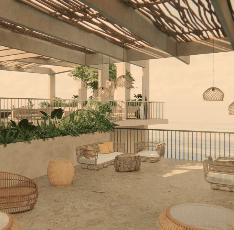 Beachfront terrace with outdoor seating and lush greenery in Bucerias, Mexico.