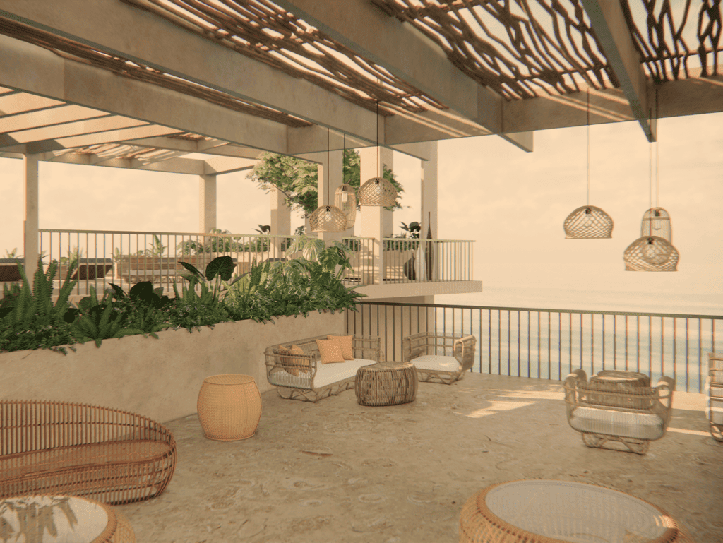Beachfront terrace with outdoor seating and lush greenery in Bucerias, Mexico.