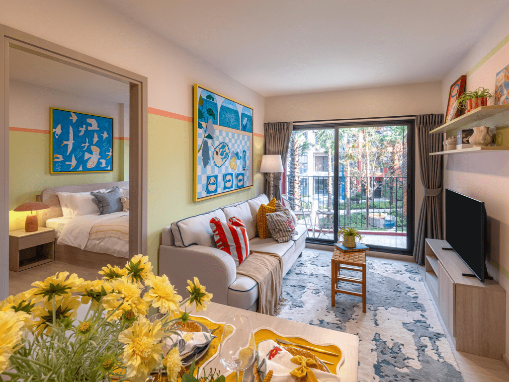Bright living room with modern decor and large glass doors in Hua Hin, Thailand.