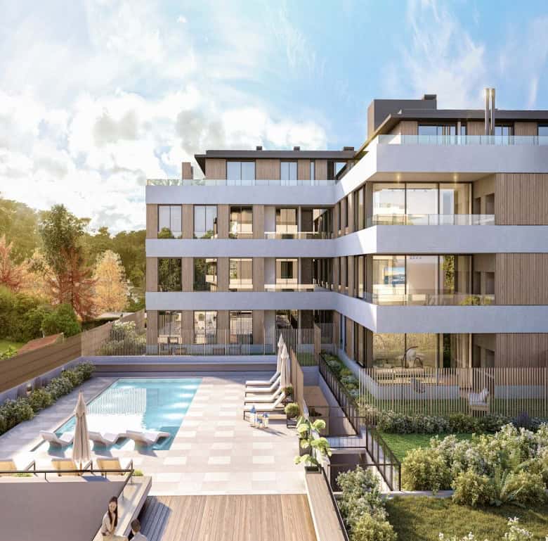 Modern apartment complex with swimming pool and outdoor lounge area in Altos, Punta del Este, Urugua.