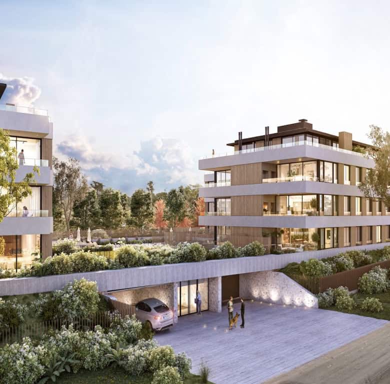 Contemporary apartment complex in Altos, Punta del Este, Uruguay, with lush landscaping and scenic s.