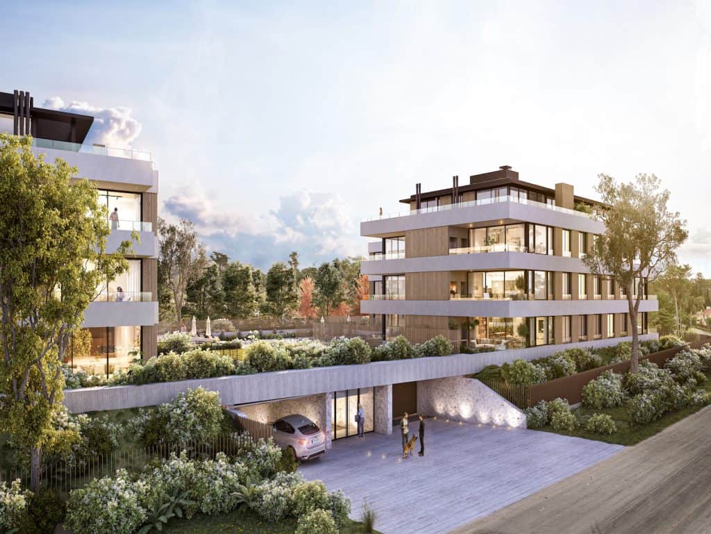 Contemporary apartment complex in Altos, Punta del Este, Uruguay, with lush landscaping and scenic s.