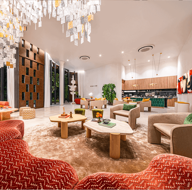 Elegant modern living room in Bangkok, Thailand with stylish furniture and vibrant decor.
