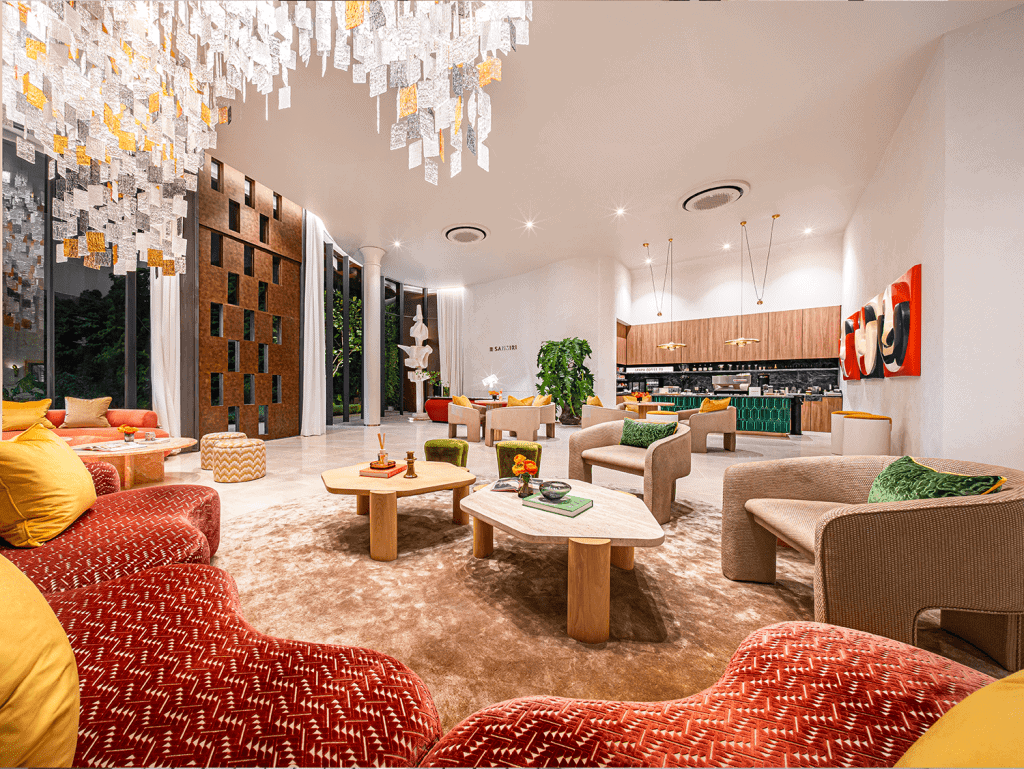 Elegant modern living room in Bangkok, Thailand with stylish furniture and vibrant decor.