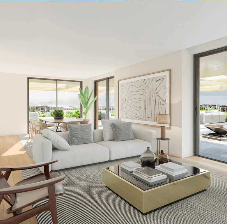 Bright living room with large windows overlooking the Douro River in Porto.
