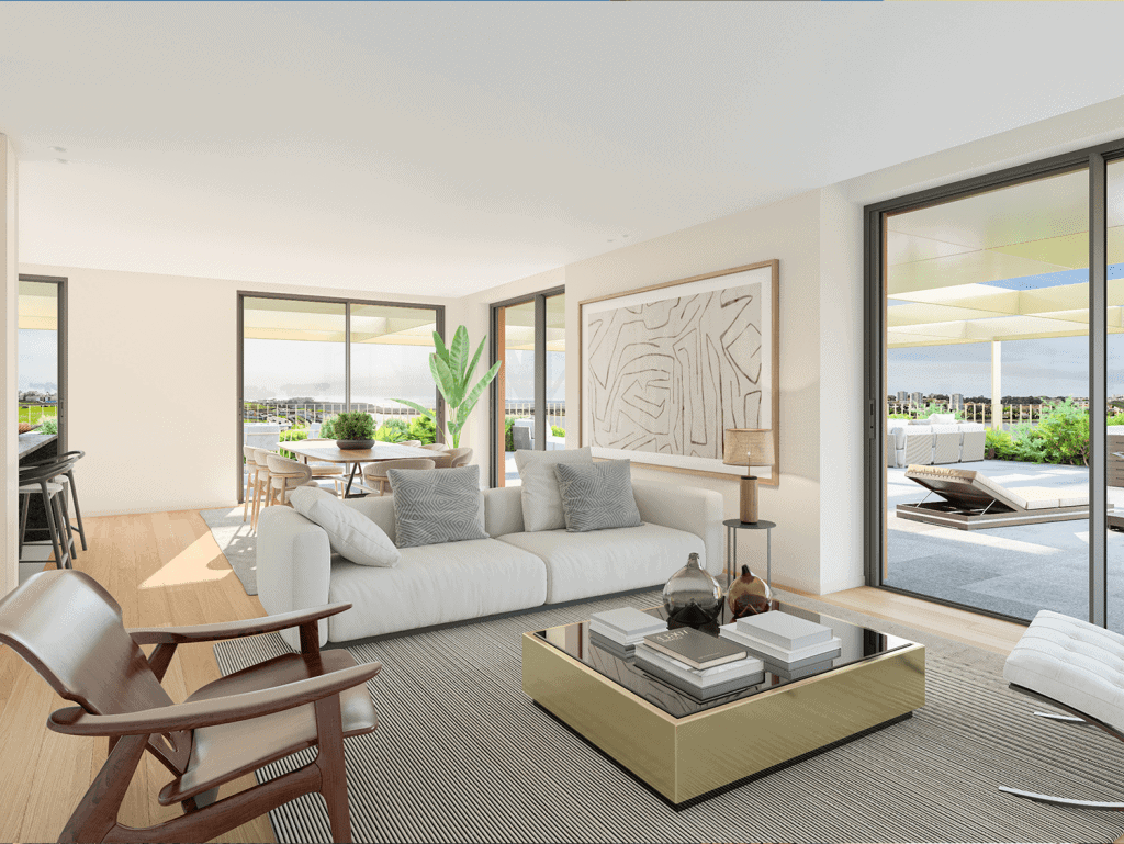 Bright living room with large windows overlooking the Douro River in Porto.