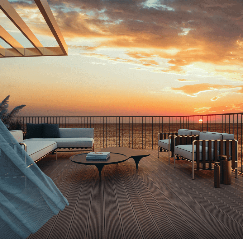 Beautiful outdoor seating area overlooking the ocean at sunset in Sal D'ouro, Porto.