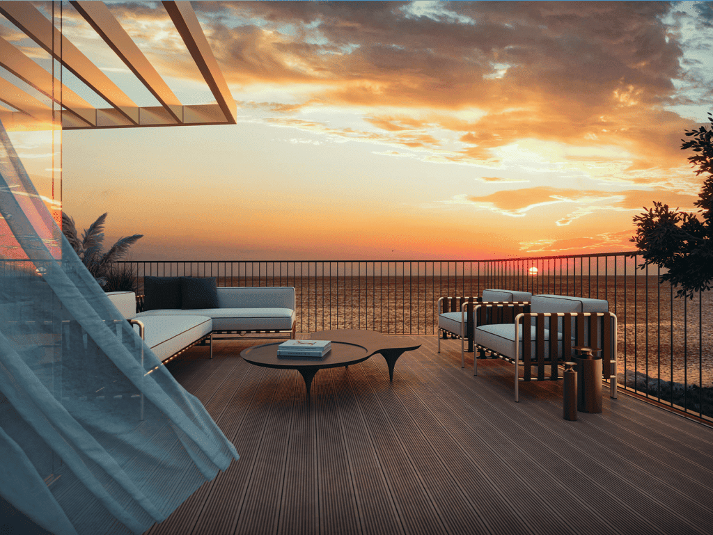 Beautiful outdoor seating area overlooking the ocean at sunset in Sal D'ouro, Porto.