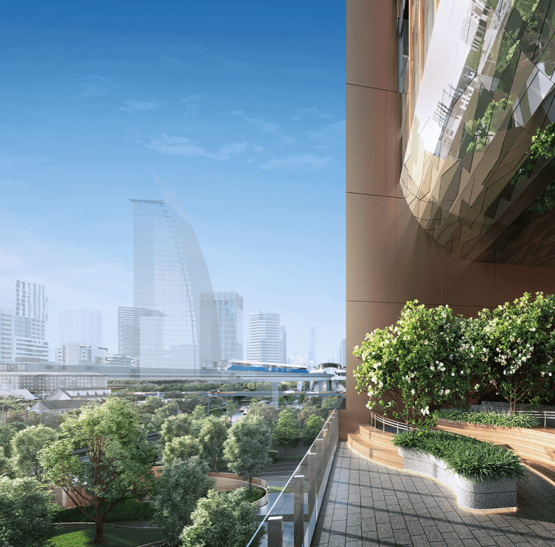 Stunning view of Bangkok cityscape with skyscrapers and green spaces from a high-rise balcony.