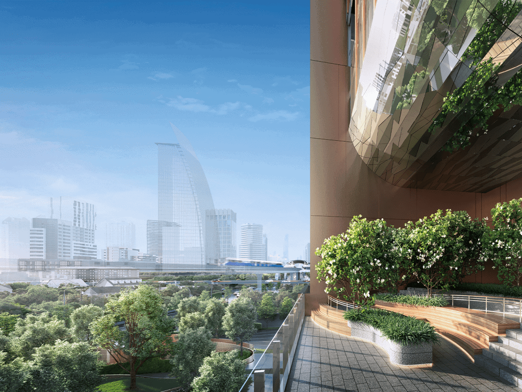 Stunning view of Bangkok cityscape with skyscrapers and green spaces from a high-rise balcony.