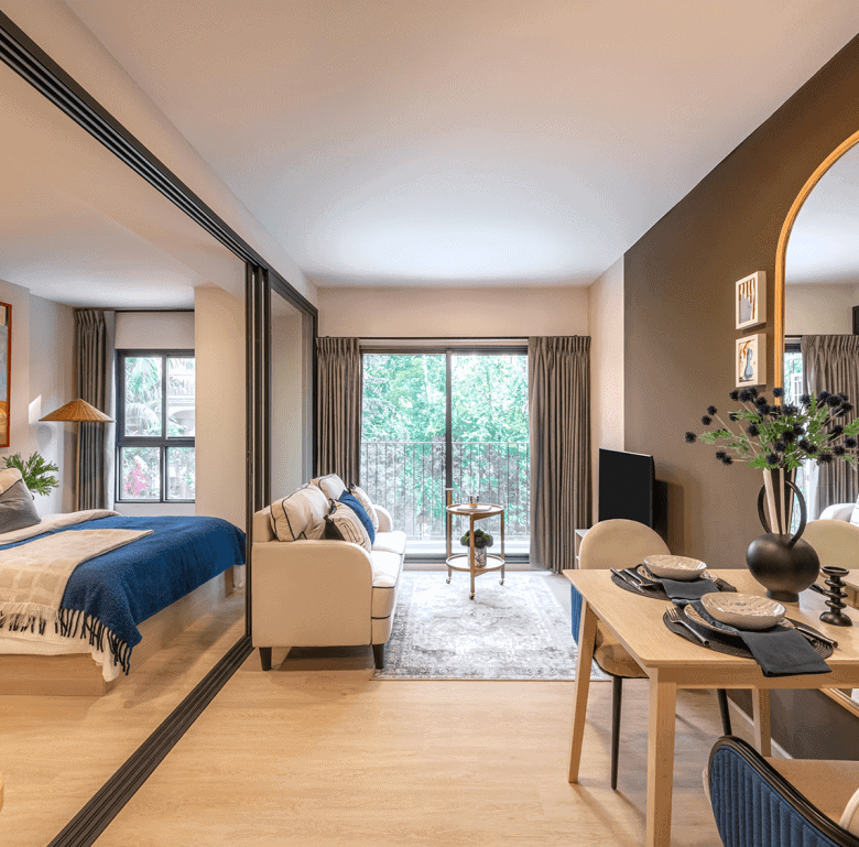 Cozy interior of a cabana in Hua Hin with stylish decor and natural light.