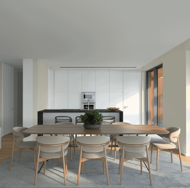 Stylish Porto apartment with river views, open-plan kitchen, and contemporary decor.