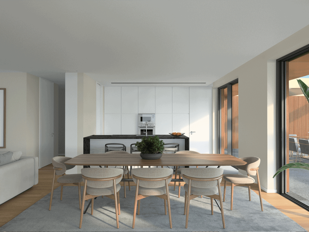 Stylish Porto apartment with river views, open-plan kitchen, and contemporary decor.