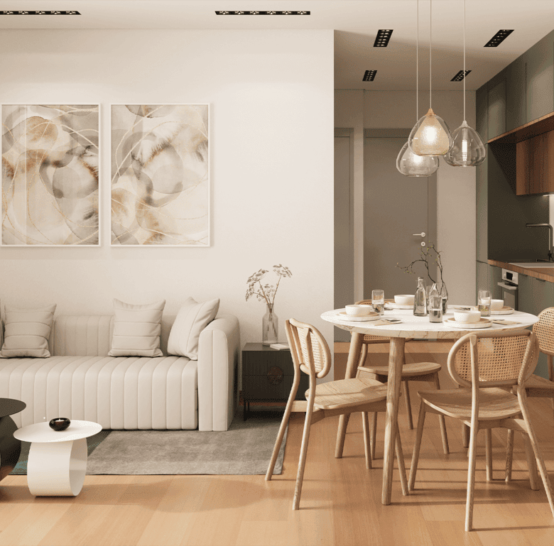 Bright, modern living room with dining area in Panama City, Panama.