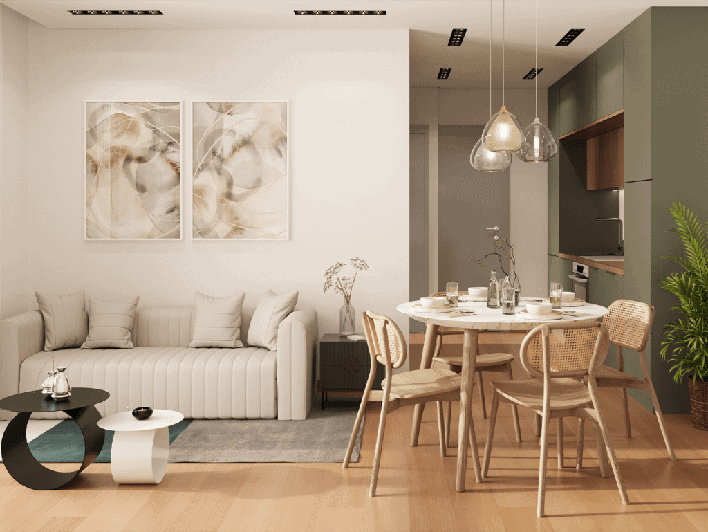Bright, modern living room with dining area in Panama City, Panama.