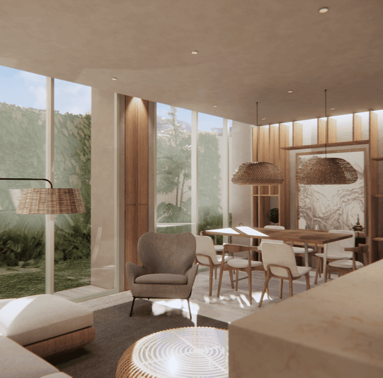 Bright and spacious living area with large windows overlooking lush greenery in Alma, Bucerias, Mexi.