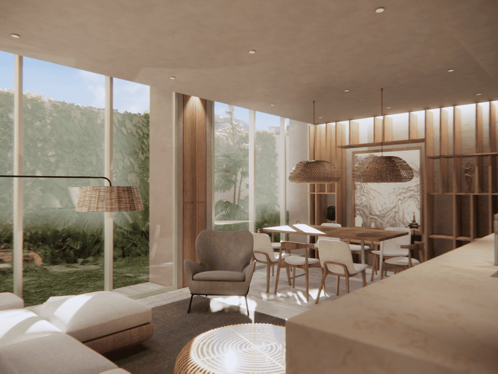 Bright and spacious living area with large windows overlooking lush greenery in Alma, Bucerias, Mexi.