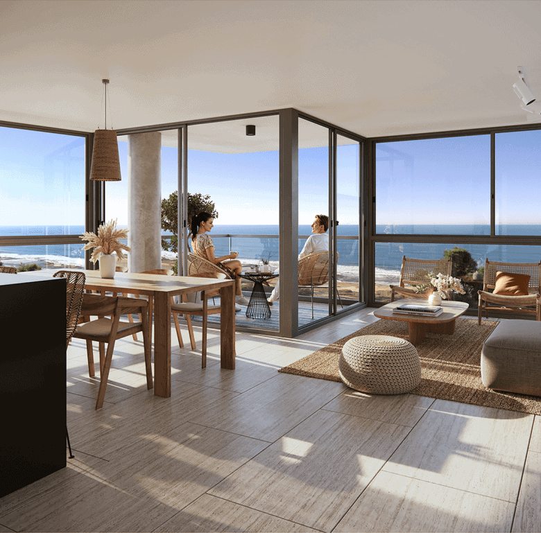 Ocean view living room with large windows and stylish furniture in Punta Del Este, Uruguay.