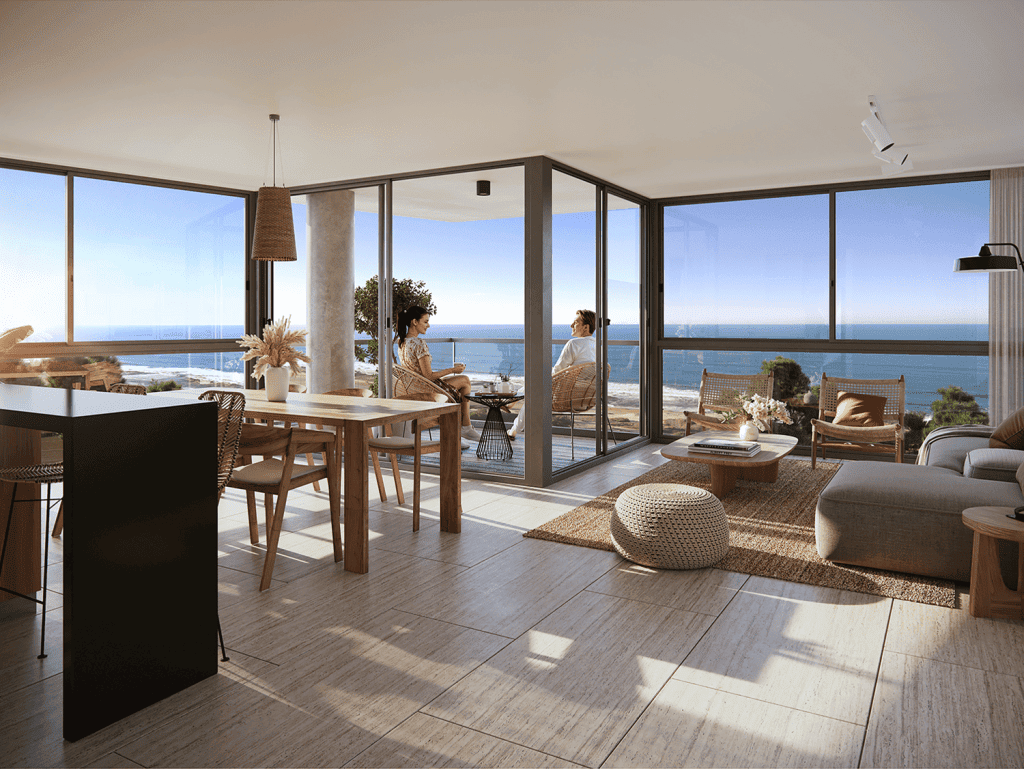 Ocean view living room with large windows and stylish furniture in Punta Del Este, Uruguay.