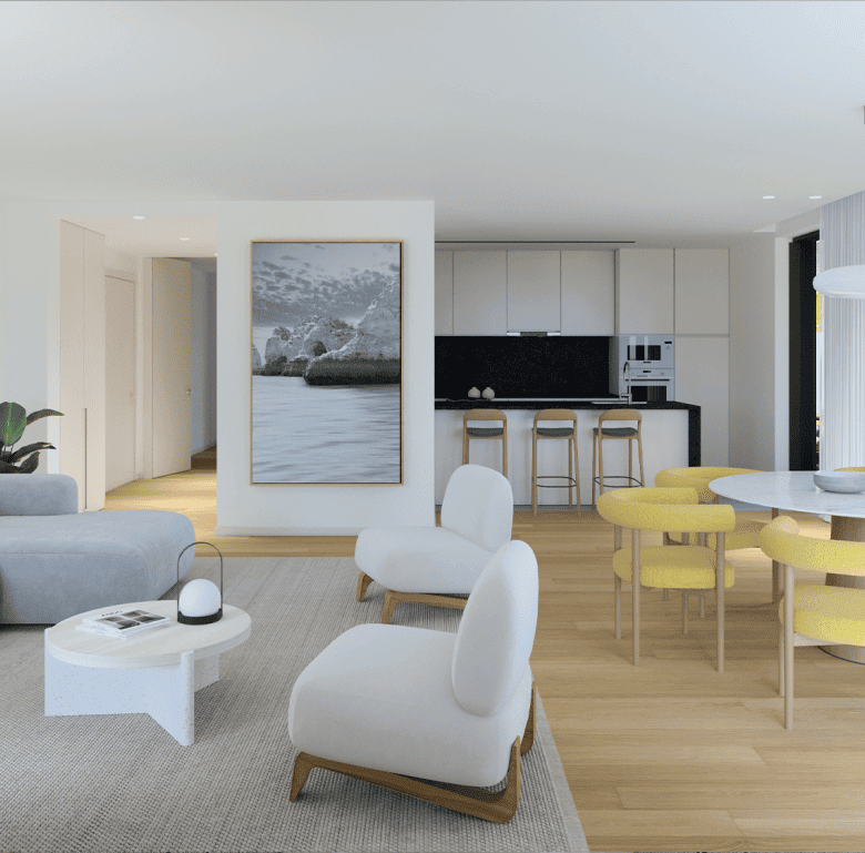 Bright Porto apartment interior with open-plan living and dining area, natural light, and modern dec.